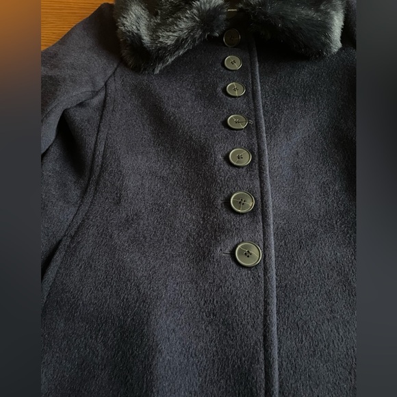 Club Monaco Rania Navy Blue Wool Coat With Faux Fur Collar Size SP - Picture 10 of 11
